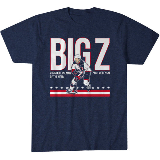 Unisex Columbus Blue Jackets Zach Werenski Big Z 2026 Defenseman Of The Year Graphic Shirt for Hockey Fans