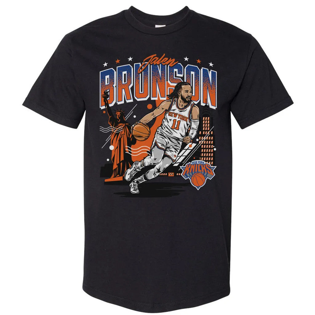 Unisex Jalen Brunson New York Knicks Skyline Graphic Shirt for Basketball Fans