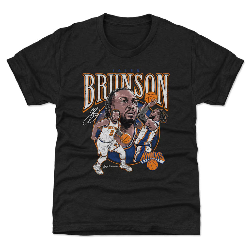 Unisex New York Knicks Jalen Brunson Heather Black Trio Caricature Graphic Shirt for Basketball Fans
