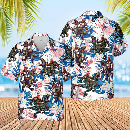 Bigfoot Riding Dinosaur Aloha Hawaiian Shirt