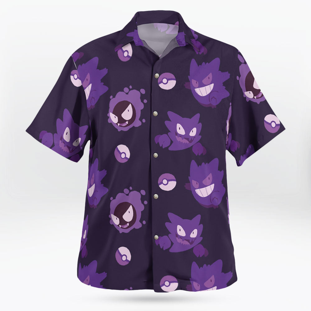 Anime Gengar Pattern Pokemon Button Up Hawaiian Shirt