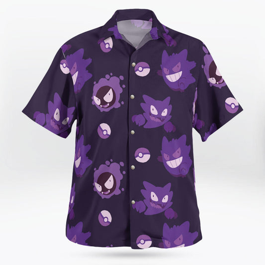 Anime Gengar Pattern Pokemon Button Up Hawaiian Shirt