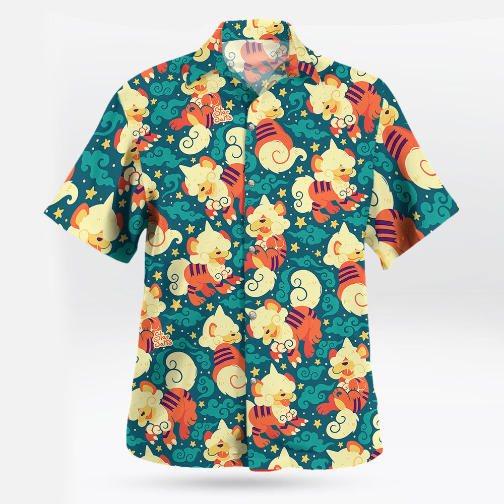 Cute Hisuian Growlithe Pokemon Button Up Hawaiian Shirt