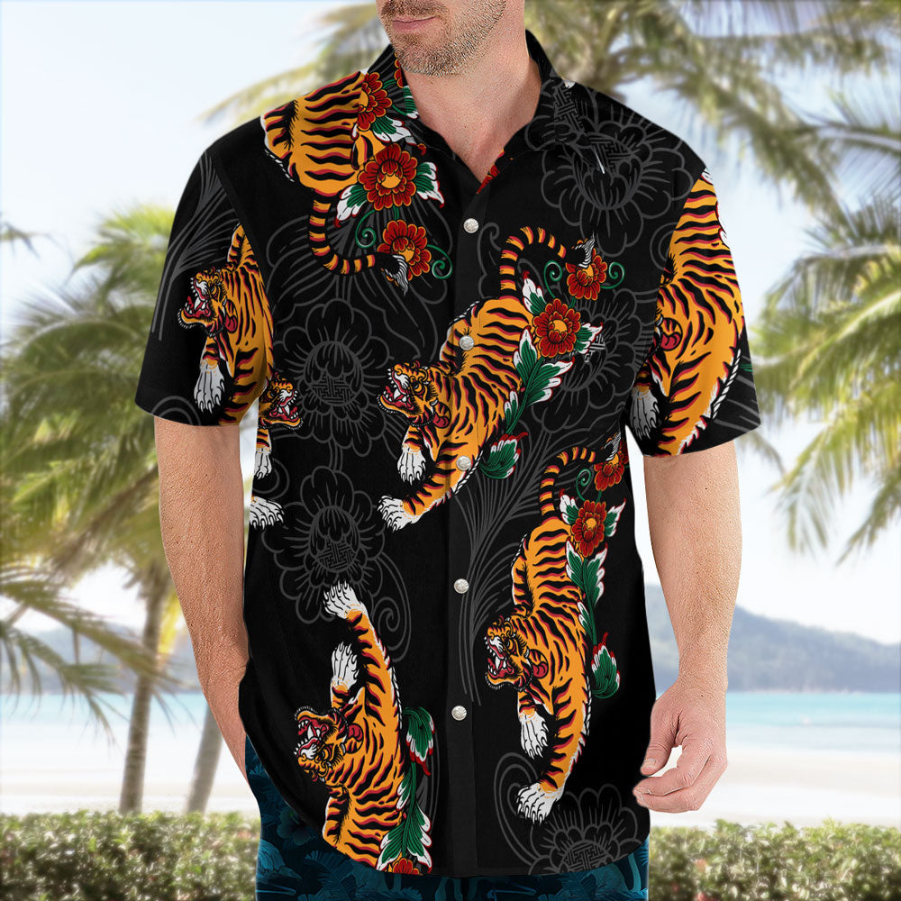 Tiger and Floral Pattern Hawaiian Shirt Wild Elegance Aloha Wear