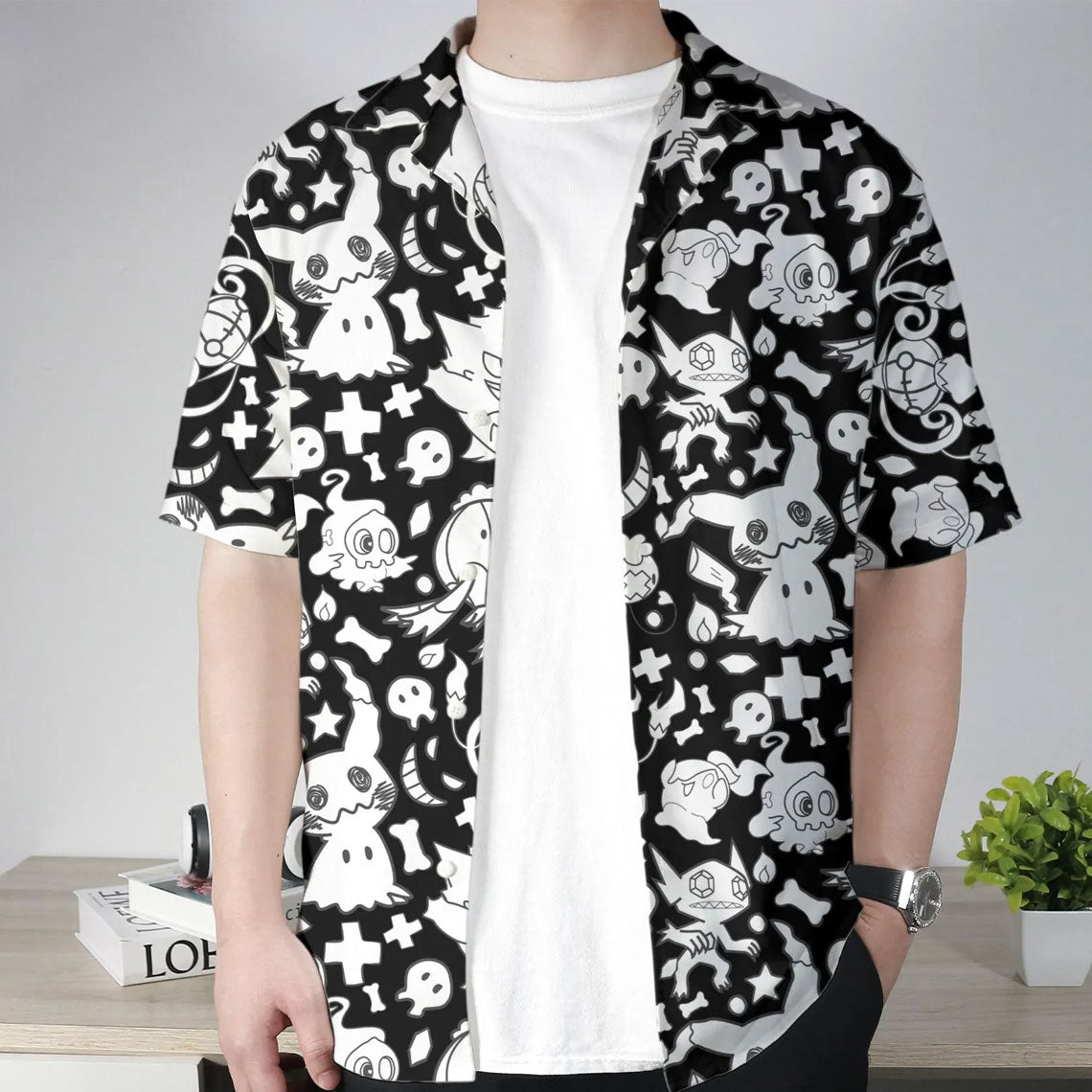 Ghost Type Aloha Pattern Black Hawaiian Shirt