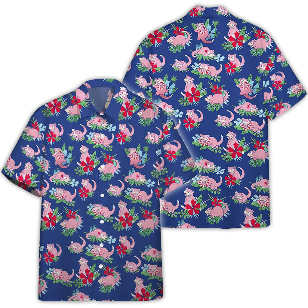 Pokemon Slowpoke Pink Button Shirt Blue Generation Hawaiian Shirts