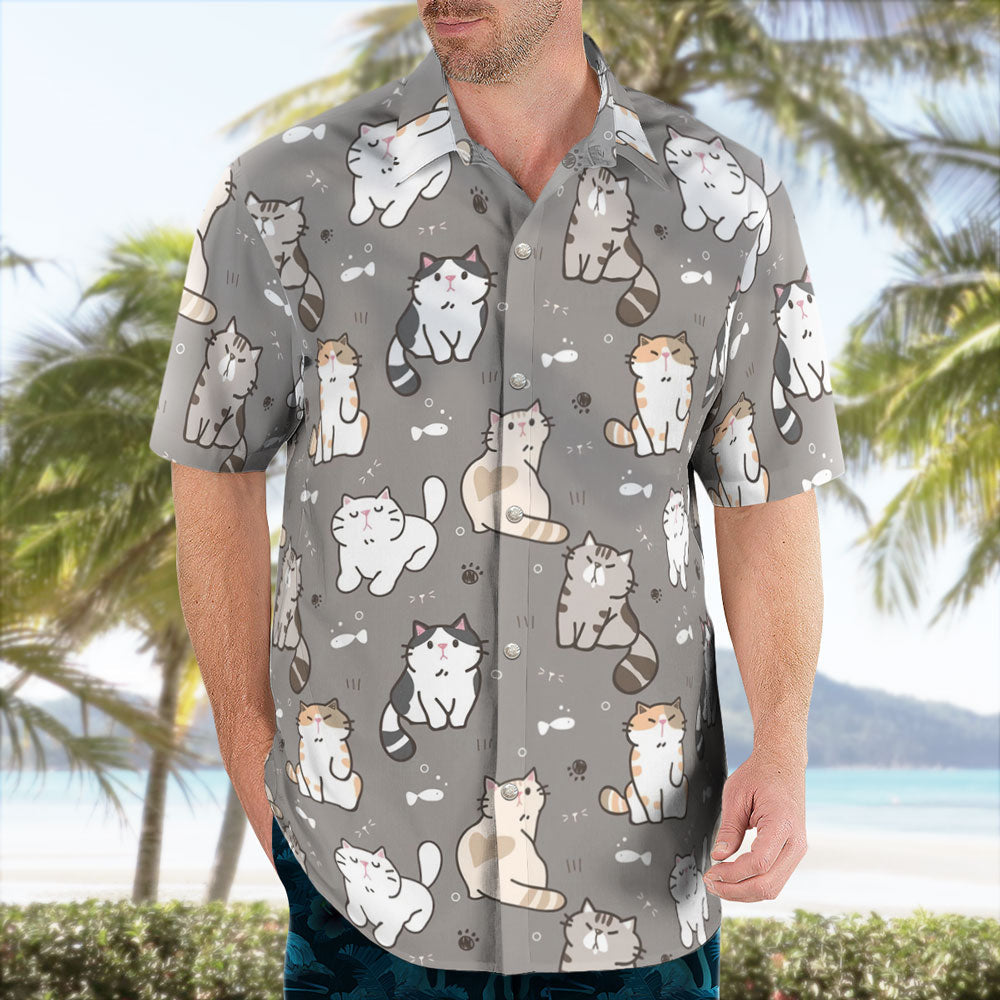 Kawaii Cat Pattern Button up Gray Hawaiian Shirt