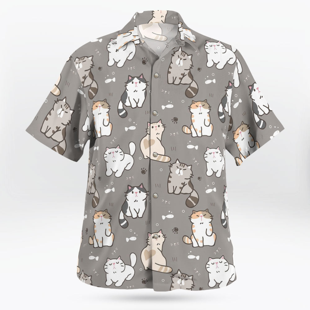 Kawaii Cat Pattern Button Up Gray Hawaiian Shirt