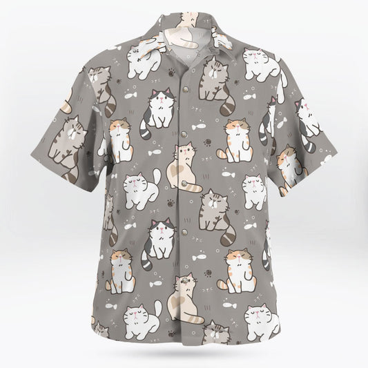 Kawaii Cat Pattern Button Up Gray Hawaiian Shirt