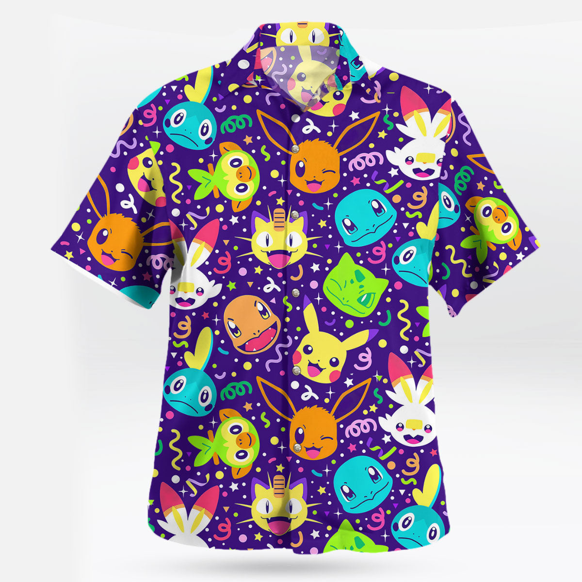Pokemon Party Faces Neon Purple Hawaiian Shirt