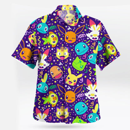 Pokemon Party Faces Neon Purple Hawaiian Shirt