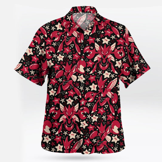 Scizor Red Floral Pattern Pokemon Hawaiian Shirt